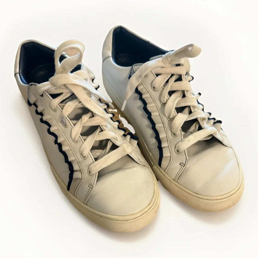 Tory Burch Sport Ruffle Sneakers 9.5 White Navy Calf‎ Leather Lace Up Womens